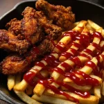 Knapperige gefrituurde kippenvleugels met friet en ketchup op een bord